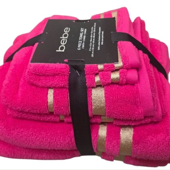 Bebe 6-Piece Gold Striped Embroidered Towel Set- Pink/Gold - Picture 2 of 7